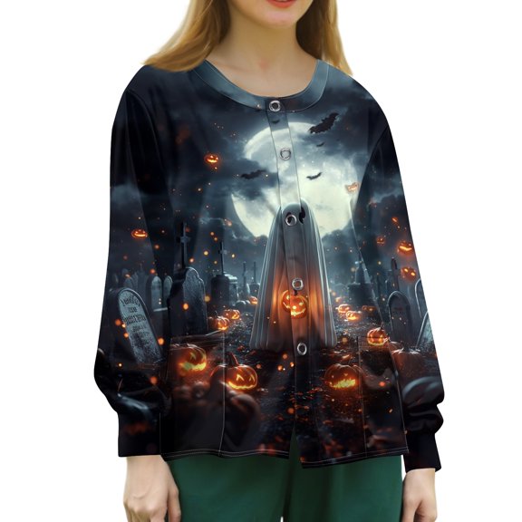 IYYVV Womens Halloween Scrub Jacket Witch Print Baggy Medical Nursing Uniforms Print Long Sleeve Nursing Tops with Pockets Black 3XL
