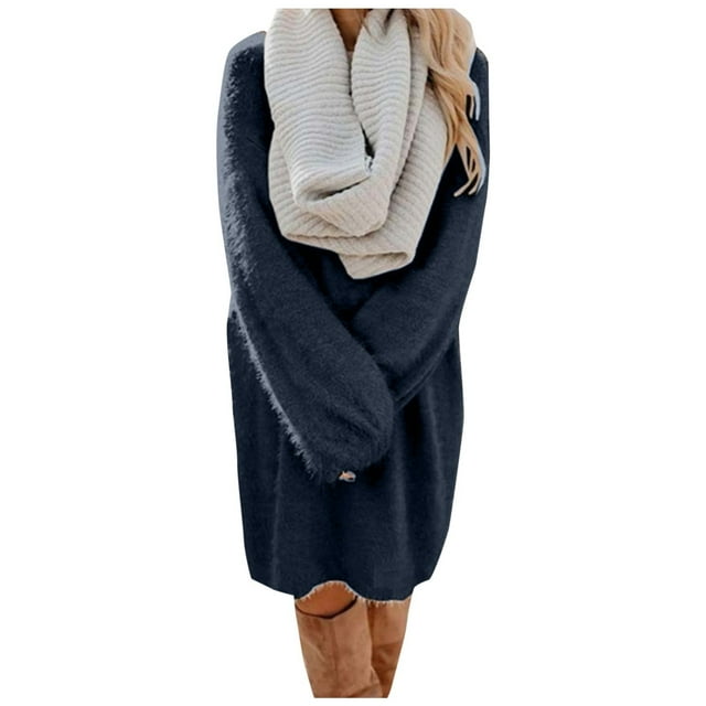 WTXUE Plus Robes Taille, Robes en Tricot à Manches Longues Évasées à Col Ras du Cou, Robe Chandail Tendance à Manches Robes Chandail Unies Vestidos Mi-Longues pour Femmes Grande Taille, Bleu Taille M(US:4)