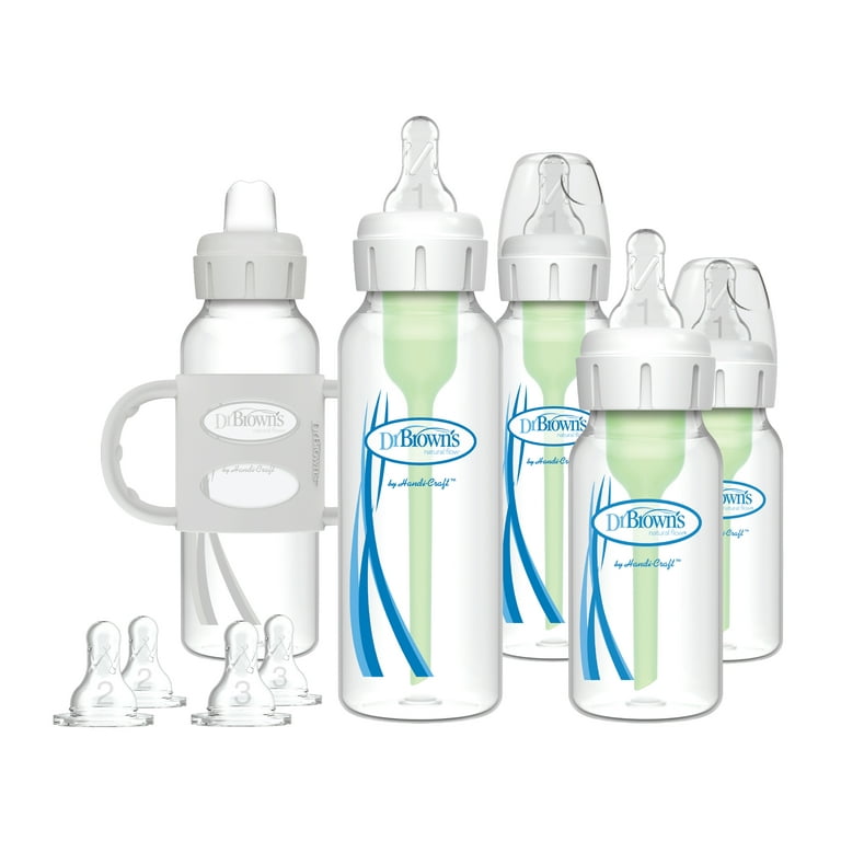 Dr. Browns Natural Flow Anti-Colic Options+ Deluxe Bottle Essentials Gift  Set with 100% Silicone HappyPaci Pacifier, Bottle Brush and Dishwasher  Basket for Bottle Parts, BPA Free, 0m+ 