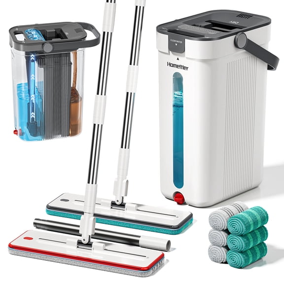 HoMettler Dual-Mop and Bucket Set, 3-Tank Flat Mop and Bucket System with Separate Dirty and Clean Water, Wall Cleaner Mop, Flat Mops for Floor Cleaning with 6 Microfiber Pads