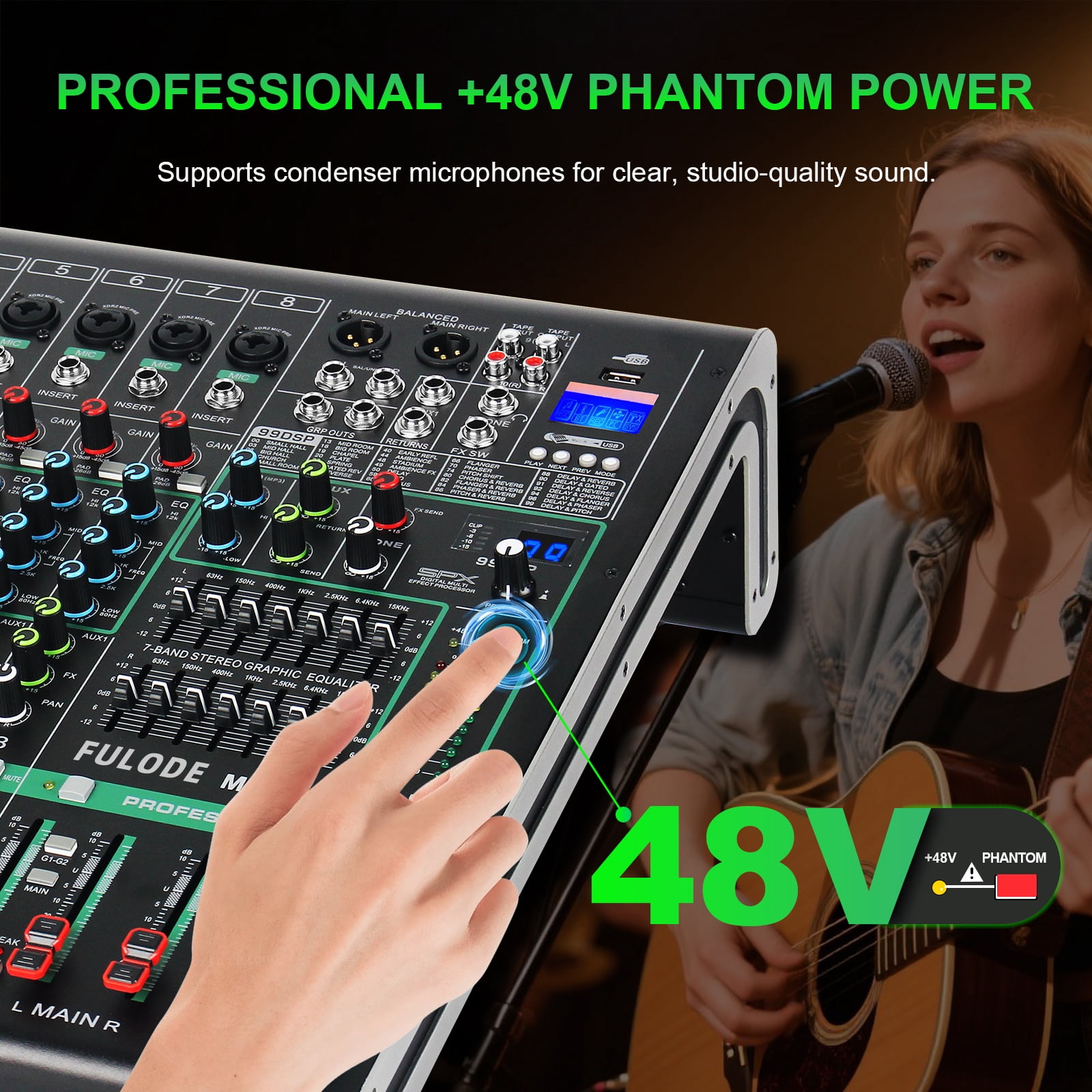 10 Channel Mixer Audio, Professional Music Sound PA Mixer DJ Mixing Board Console with 99 DSP Effects, Dual 7-Band EQ, Bluetooth, USB Interface, PAD, MUTE Button for Recording Stage Karaoke