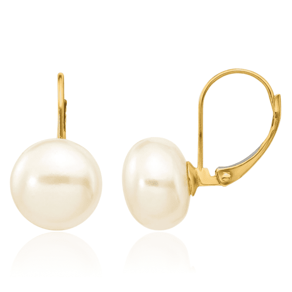 14K Solid Yellow Gold 10mm White Button Freshwater Cultured Pearl Drop Dangle Earrings
