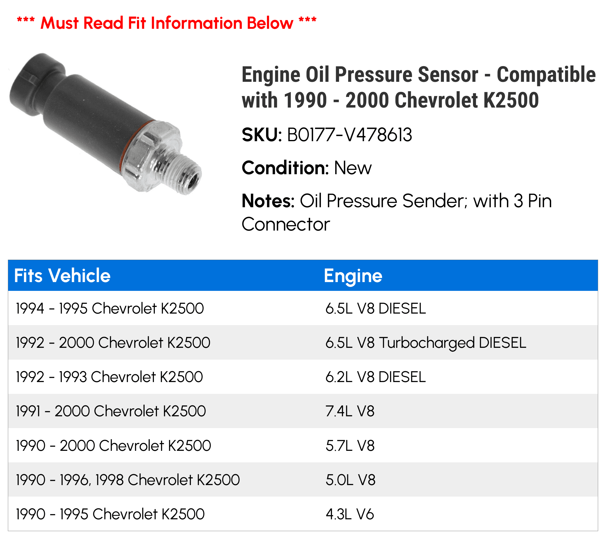 Engine Oil Pressure Sensor - Compatible with 1990 - 2000 Chevy K2500 1991 1992 1993 1994 1995 1996 1997 1998 1999