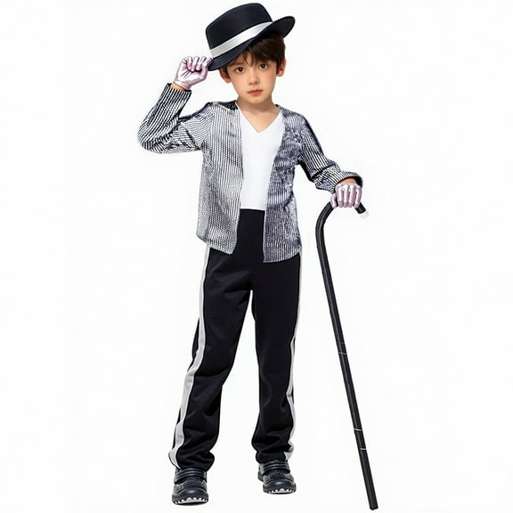 Wuxian Boys Halloween Outfits 4 Piece V-Neck Long Sleeve Sparkly Shirts Top And Wide Leg Trousers With Hat Gloves Set Stage Performance Outfit Daily Wear,Silver,7-8 Years
