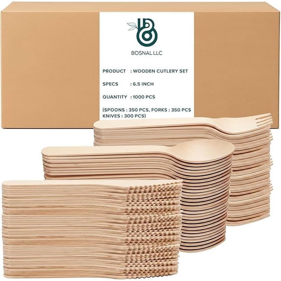 BOSNAL Disposable Wooden Cutlery Combo Pack – Spoons, Forks & Knives – Case of 40 (1000 Pcs)