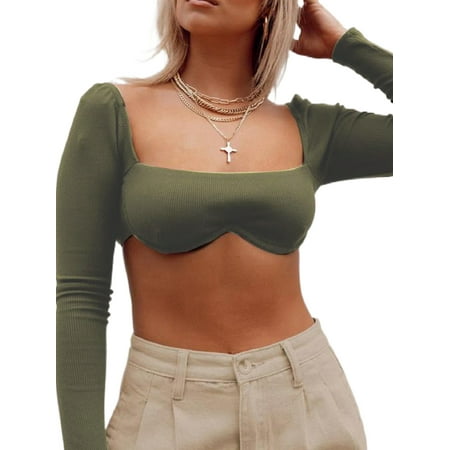 

Youweixiong Women Long Sleeve Crop Top Low Cut Square Neck Wrap Solid Backless Rib Knit Stretchy Bustier Shirt Tee Streetwear