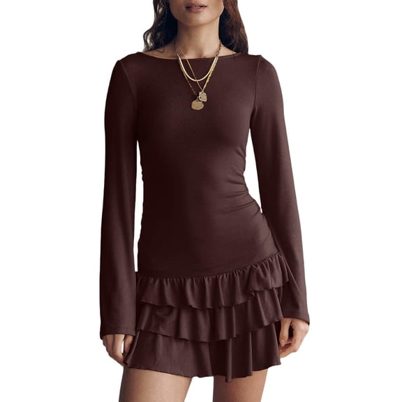 Women'S Long Sleeve Mini Dress Boat Neck Ruffle Bodycon Mini Flowy Cocktail Party Dresses Brown S