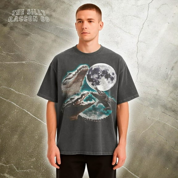 Three Alligator Moon T-Shirt, Funny Meme Tee, Vintage Moonlit Tee, Crocodile T-shirt TH030606