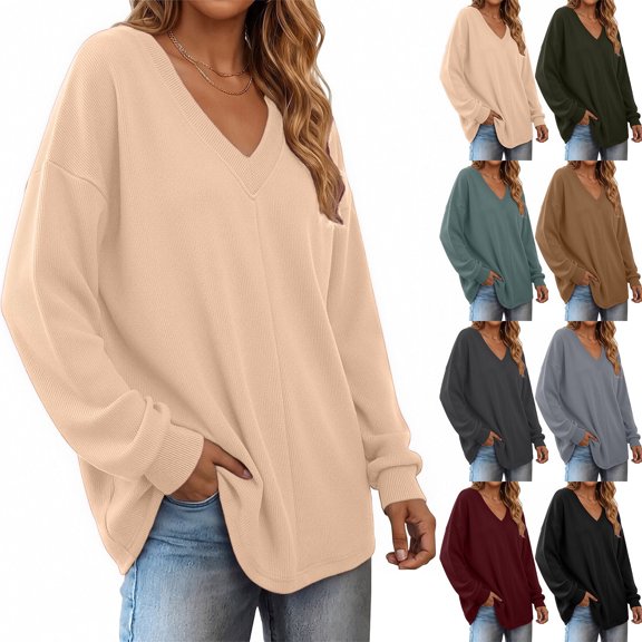 Tqcoqu Women's Ribbed V‑Neck Sweatshirt, Loose Long Sleeve Knit‑Like Pullover Casual Loungewear Top