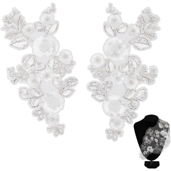 Embroidery Lace Applique White Embroidery Polyester Fabric Bling Leaf Patches Beaded Sequin Appliques for Costume Accessories Gown Dress Bridal DIY Crafts White