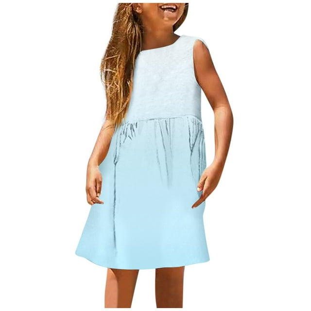 Robes Décontractées pour Filles Juniors Été Dégradé Imprimé Col Rond Sans Manches Ligne A Extensible Décontracté Plage Extérieur Vêtements de Sport, Bleu, 11-12 Ans