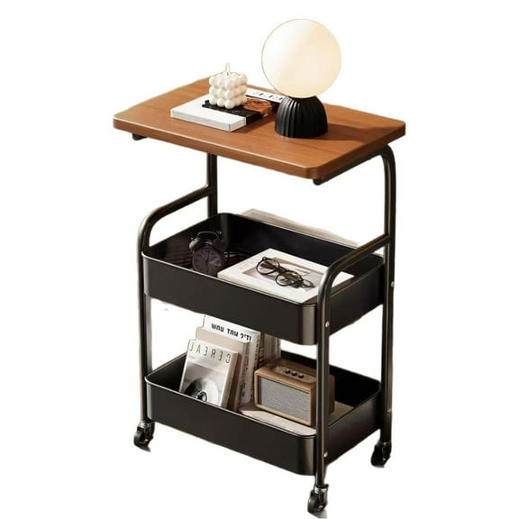 Rolling Cart with Wooden Tabletop, 3 Tier Metal Utility Cart, Rolling Storage Organizer Cart with Lockable Wheels Storage Cart, 3-Tier Rolling Utility Cart with Table Top for Kitchen, Office, Bedroom