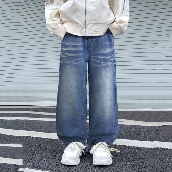 CAIVO Child Smart Boys Denim Jeans With Pattern Washable Straight Leg Design For Everyday Comfort Kids Trouser Birthday Solid Color Streetwear