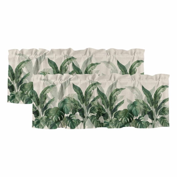 2 Pack Valances for Windows, Palm Leaves Tropical Window Valances for Living Room/Bedroom/Bathroom, Green Botanical Summer Linen Light Filtering Kitchen Curtain Valance Window Treatment 42"W x18" L