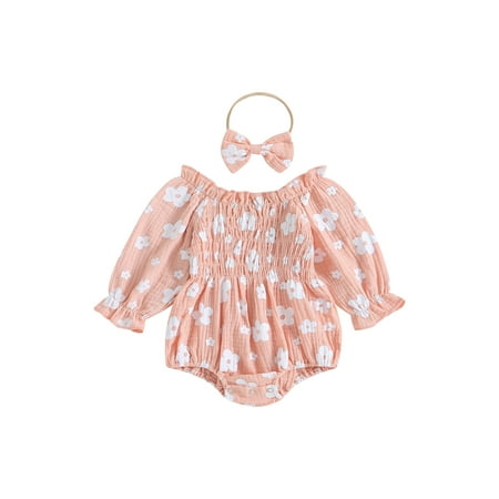 

Infant Girl Rompers Floral Print Boat Neck Long Bubbles Sleeve Jumpsuits Newborn Fall Clothes Baby Bodysuits with Headband