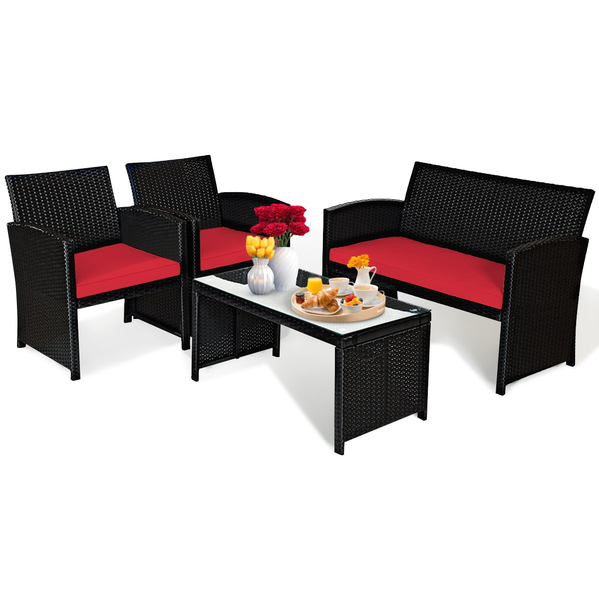 Patiojoy 4 Piece Outdoor Patio Rattan Furniture Set Red Cushioned Seat