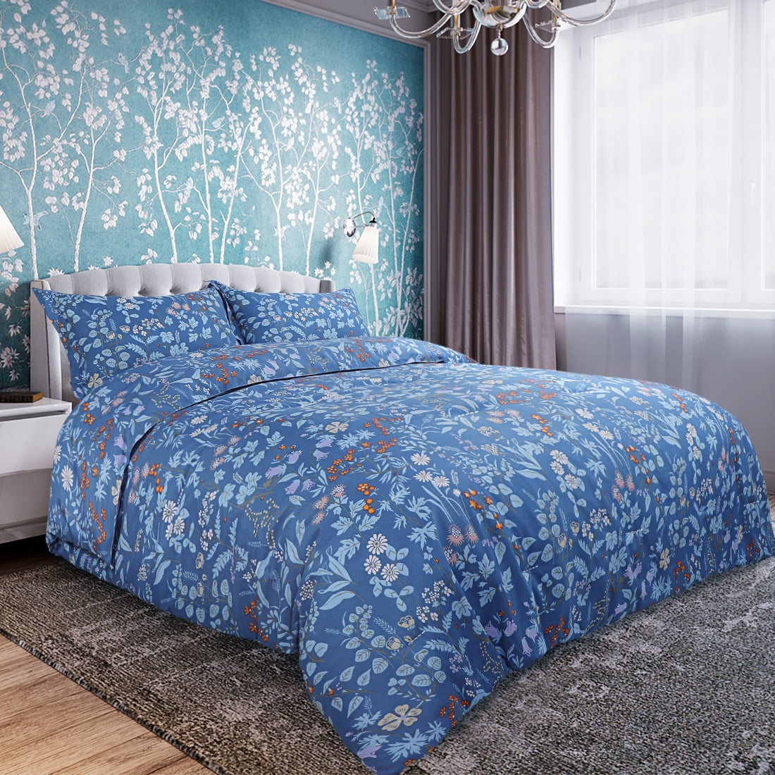 PiccoCasa 3PC All Season Floral Bedding Comforter Set Twin Blue