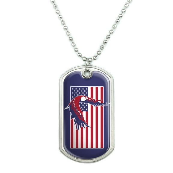 Patriotic Red White And Blue American Bald Eagle Over USA Flag Military Dog Tag Pendant Necklace with Chain