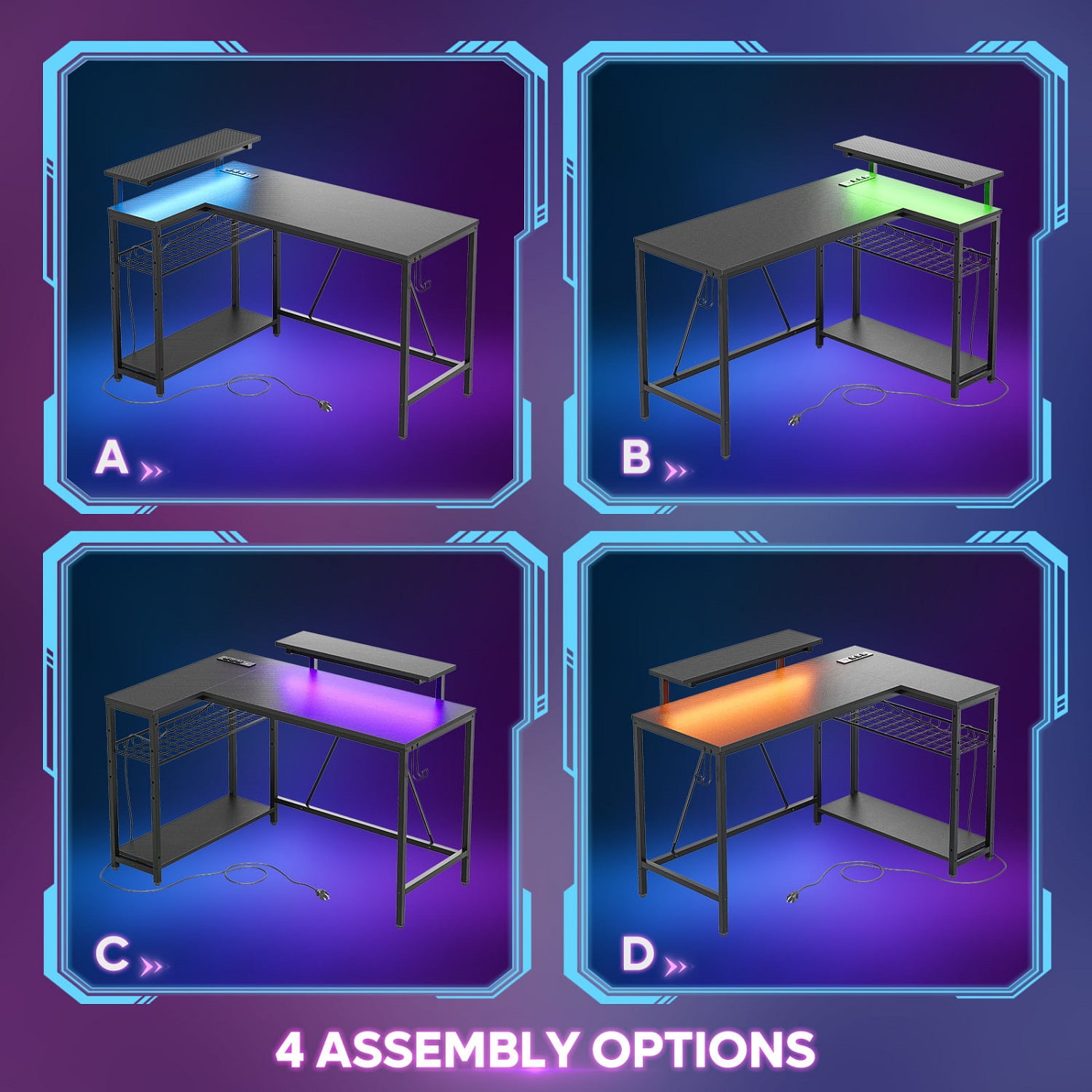 Bestier 48" L Shaped Gaming Desk with LED Lights & Power Outlets, Computer Desk with Monitor Stand, Carbon Fiber