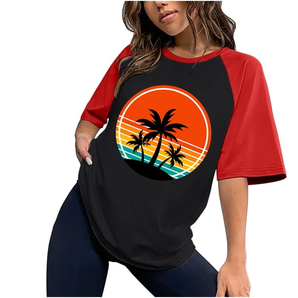 Tops con estampado de sol de playa de manga corta de ocio con cuello redondo de verano para mujer OAVQHLG3B Store lin121212