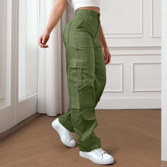Women's Drawstring Elastic Waist Loose Pants Casual Flap Pocket Cargo Pants Trousers Army Green L