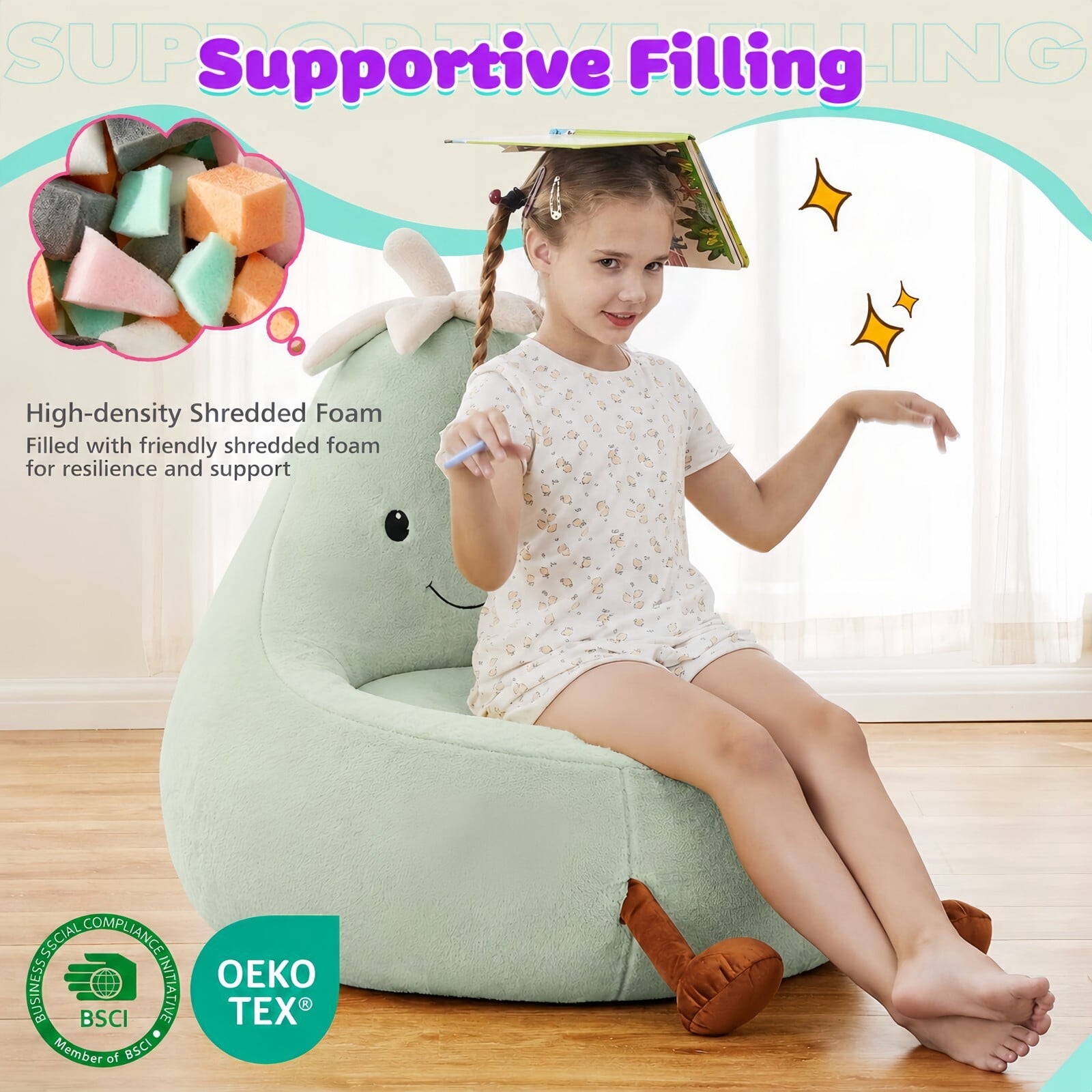 Kelno 24" Kids Bean Bag Chair Faux Rabbit Fur Lazy Chair Toddler Couch, Green