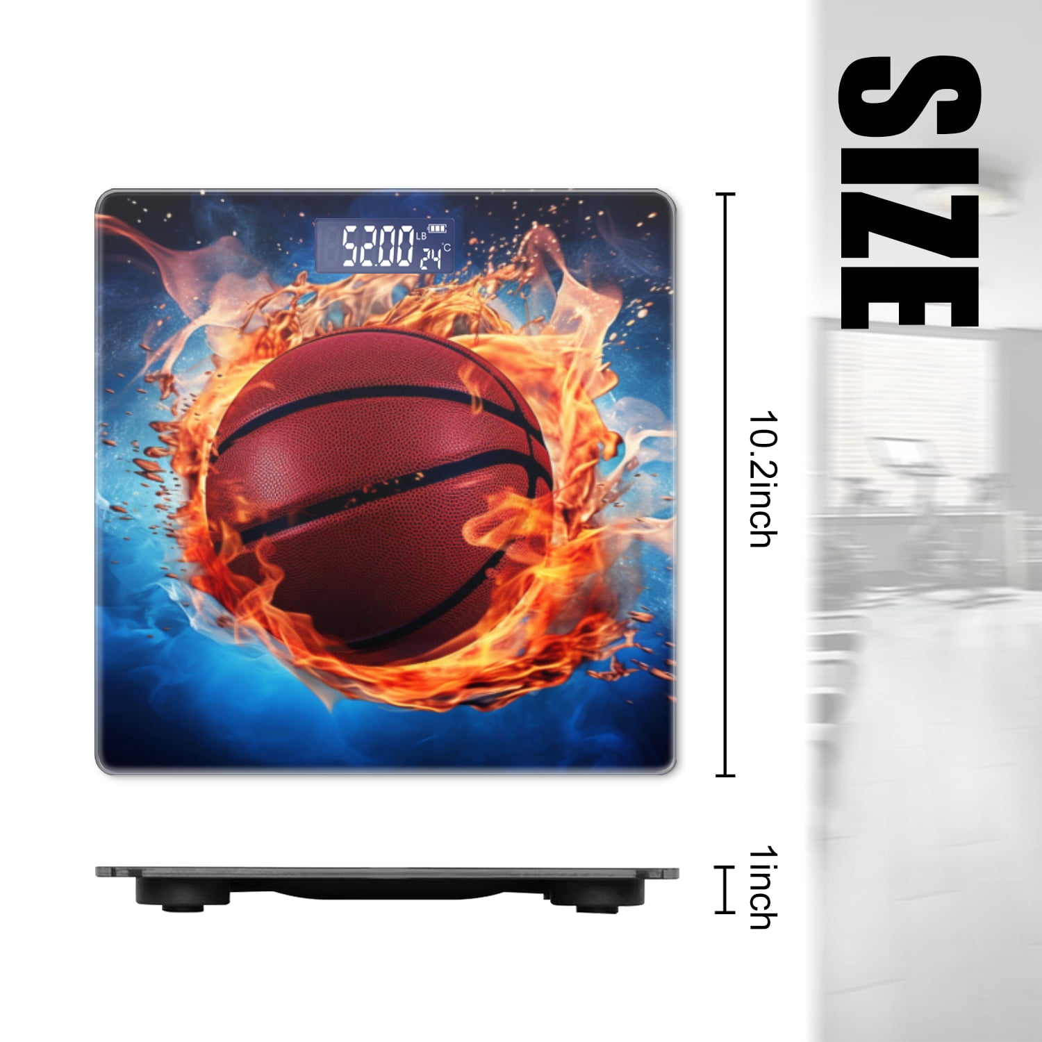 Bathroom Scale, Highly Accurate Digital Body Scale,Precisely Measures Weight up to 400 lbs-Basketball Engulfed In Flames Against Blue Background