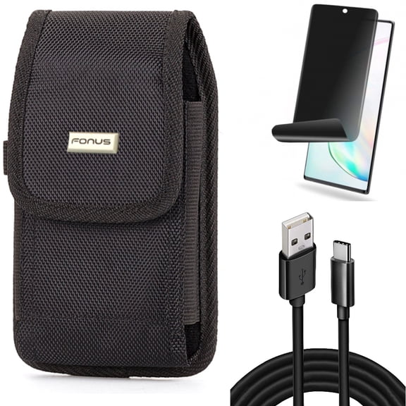 Case Belt Clip & Privacy Screen Protector & 10ft USB Cable for Samsung Galaxy Note 20 (6.7") - Combo with Rugged Holster & TPU Film Anti-Peep & Type-C Charger Cord