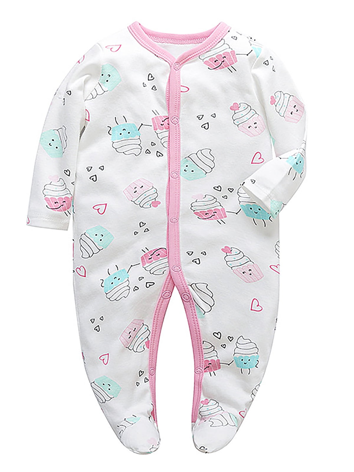 QEFJNO Newborn Baby Girls' 3-pack Sleep and Play Footies Pajamas One-Piece Sleeper Button Jumpsuit Cotton Cat PJs