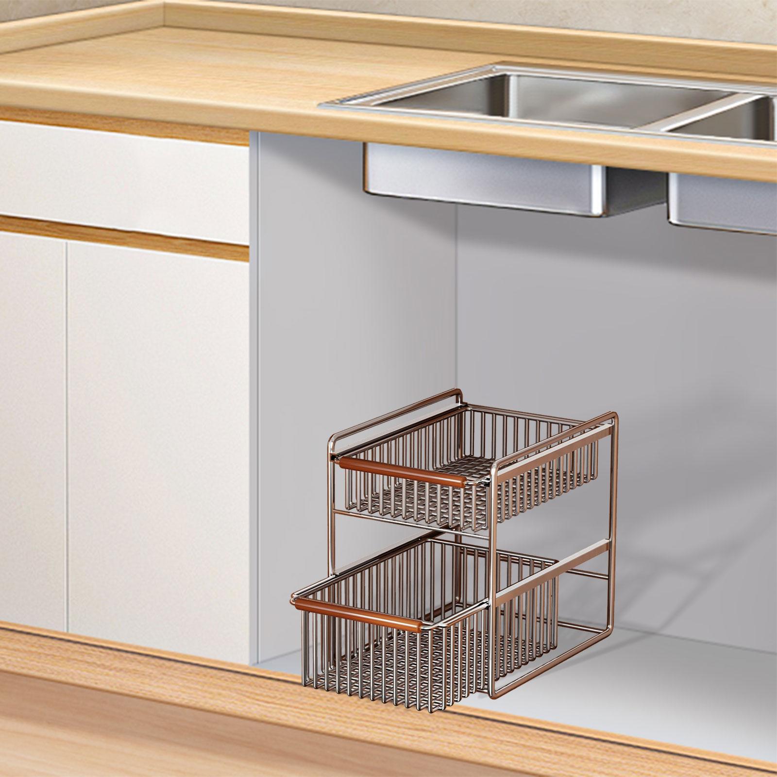 Under Sink Storage Basket Cabinet Organizer Holder Rack 2 Tier Pull Out Design for Kitchen Bathroom Cupboard