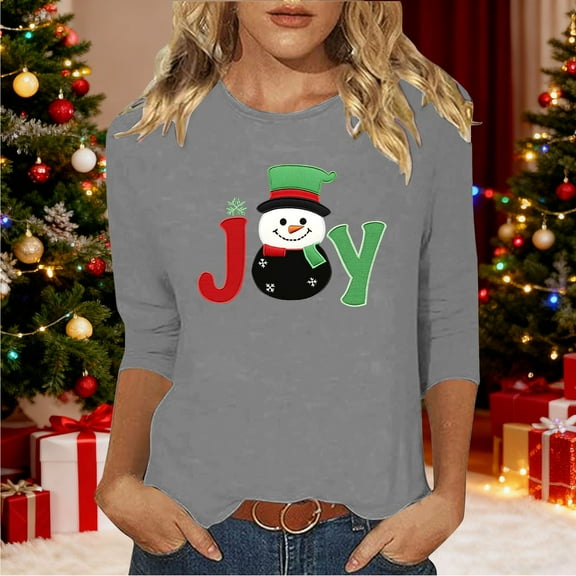 Gamivast Womens Christmas Blouse Plus Size Round Neck 3/4 Sleeve Blouse Cute Snowman Trees Printed Holiday Pullover Merry Christmas Shirts Vacation Casual Tees Tops 5XL