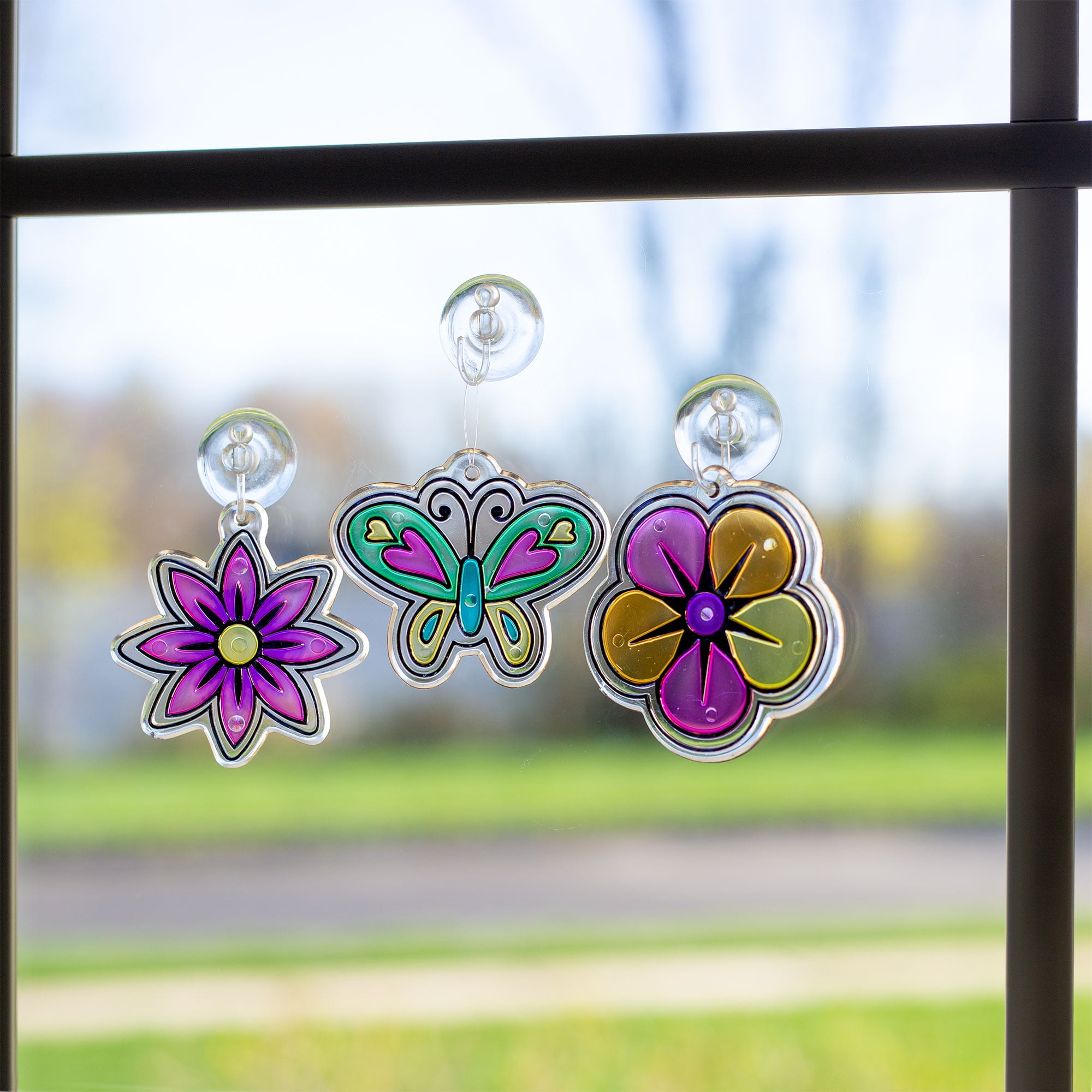 (3 pack) Hello Hobby Flowers & Butterflies Window Art, Customize 8 Plastic Suncatchers