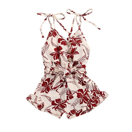 

EYIIYE Kids Girls Summer Floral Print Sleeveless V Neck Button High Waist Ruffle One-piece Jumpsuit Romper 1-6 Years