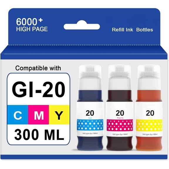 GI-20 Ink Refill Bottle Kit Replacement for Canon GI20 Ink Bottle Compatible with Canon Megatank G6020 G5020 G7020 Printer, 3 Pack of Cyan Magenta Yellow DYE Ink