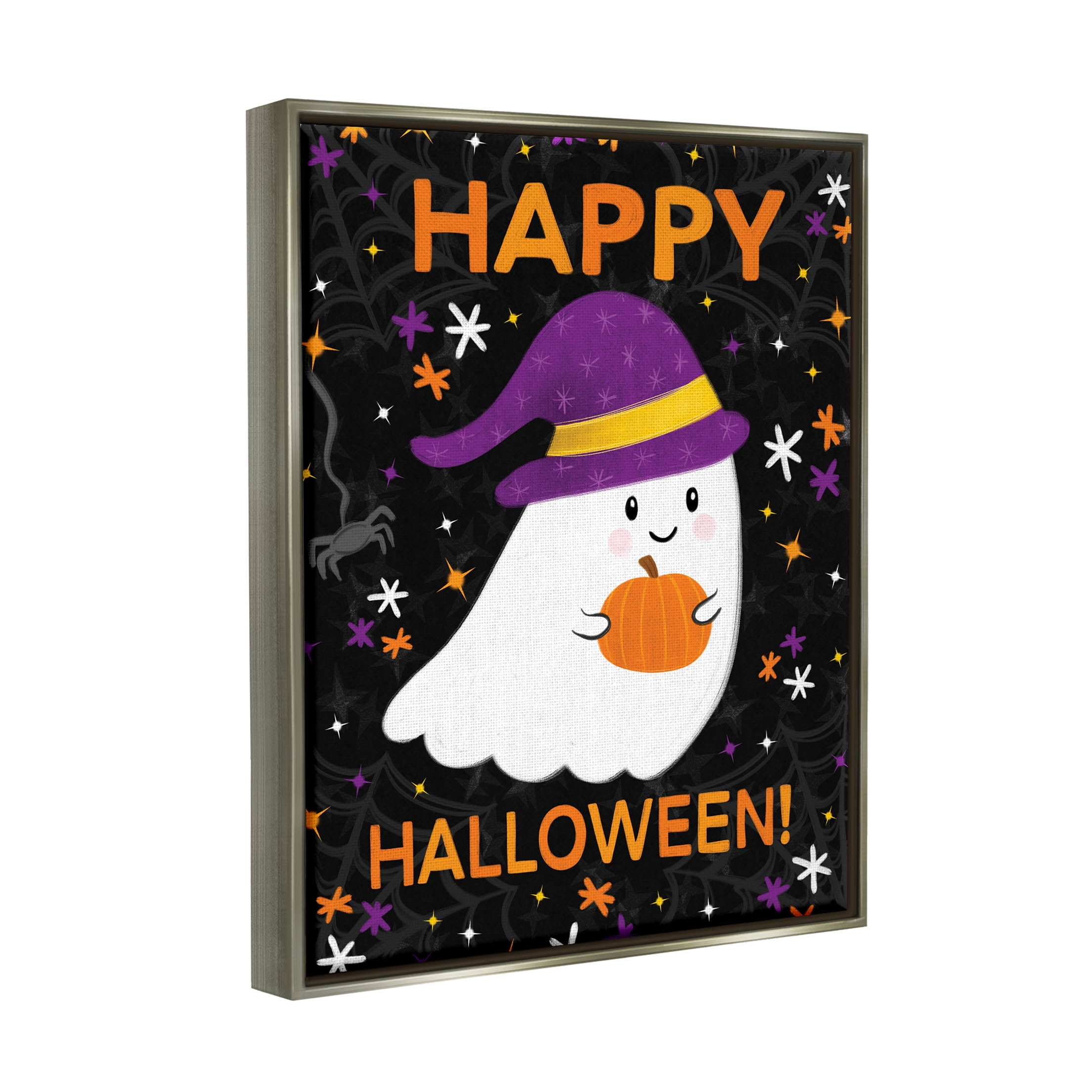 Stupell Industries Happy Halloween Happy Ghost Graphic Art Luster Gray Floating Framed Canvas Print Wall Art, Design by Emily Cromwell
