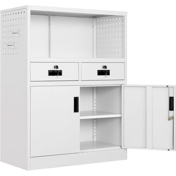 Yizosh Locking Cabinet with 2 Drawers, Metal Storage Cabinet with Locking Doors and Shelves - 41.3" Steel Lockable Storage Cabinet, Metal Cabinet for Home Office, Garage, School (White)