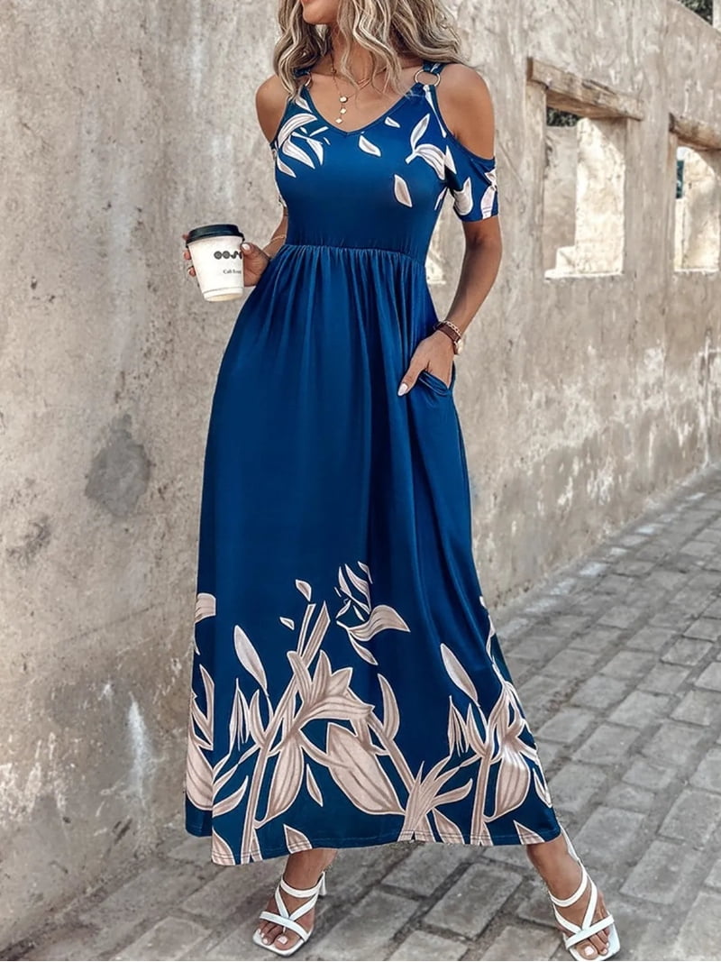 flowy cold shoulder dress Rulvian Women's Printed Cold Shoulder Dress 100% Polyester With Pockets Flowy Lightweight Easy Care For Everyday Wear, Size: Medium