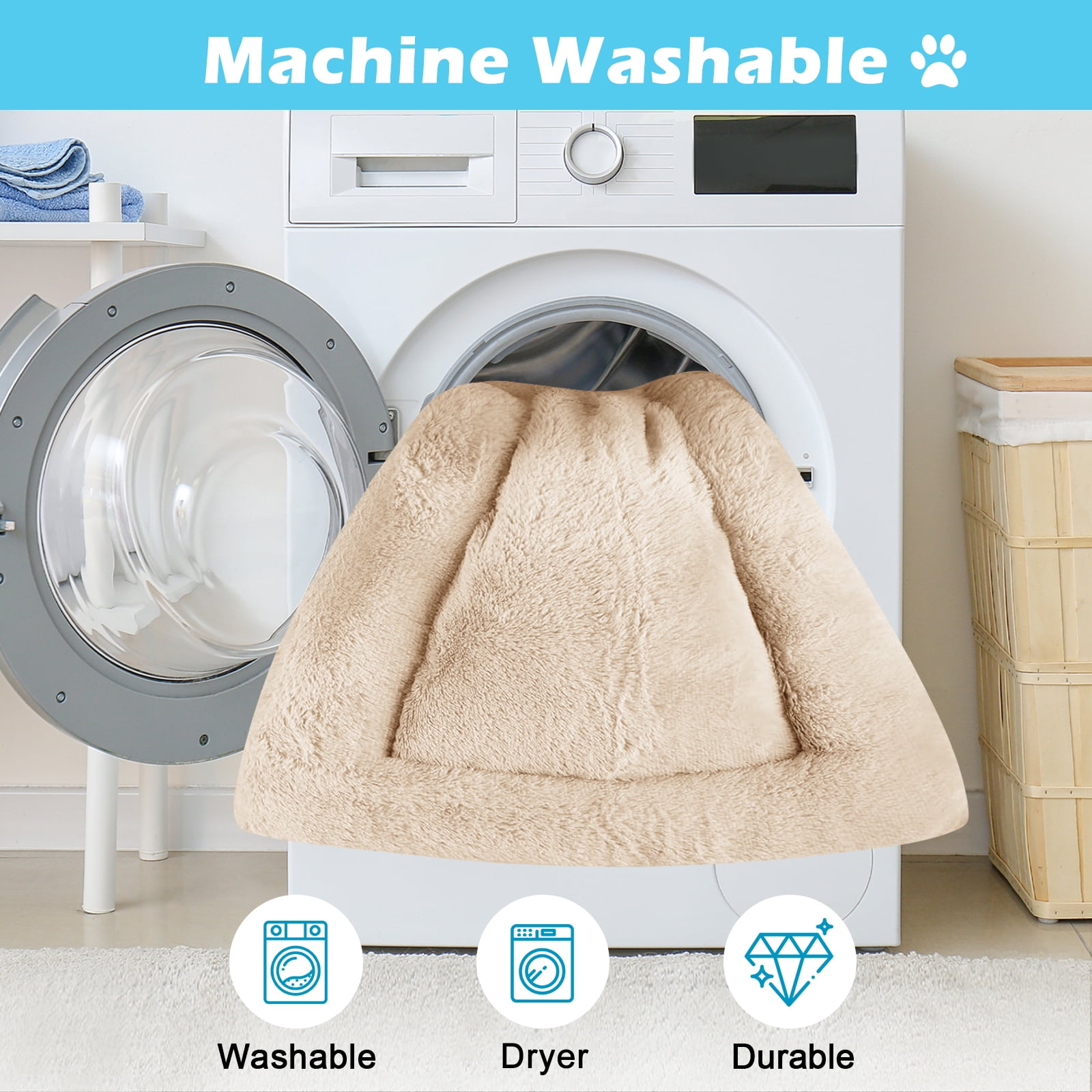 MERITLIFE Plush Washable Dog Bed Ultra Soft Dog Crate Mat Kennel Pad,Anti-Slip Pet Sleeping Bed for Small Medium Large Dogs,Beige 48" x 30"
