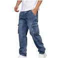 thumbnail image 4 of CQONEPT Men's Denim Pants with 6 Pockets Casual Fashion Jean Loose Fit Trendy Outdoor Streetwear Cargo Pants Blue 2XL, 4 of 5