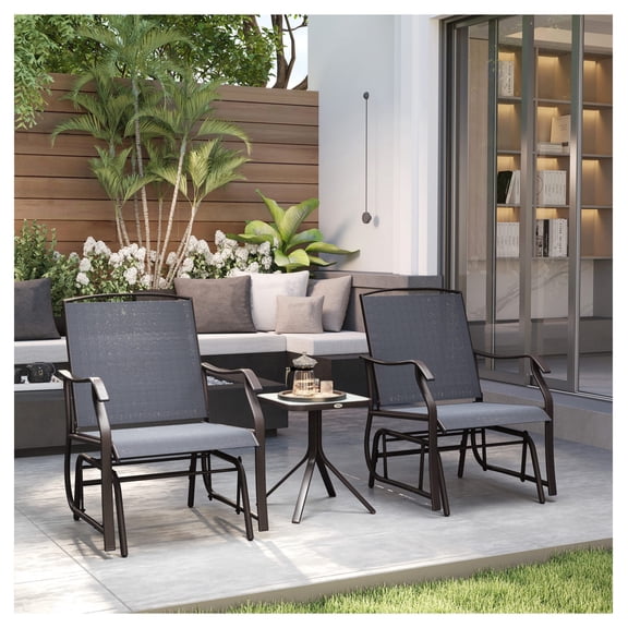 3 Piece Outdoor Glider Set with Table, Patio Rocking Chairs with Sling Fabric, Garden Bistro Furniture for Backyard, Porch, Gray