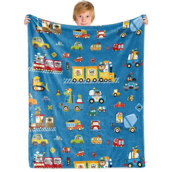 Kainsy Cartoon Vehicles Blanket for Boys, Soft Fleece Train Trucks Kids Blanket, Cute Transportation Car Throw Blanket for Bed Sofa, Animal Cars Printed Blanket for Boys Xmas Birthday Gifts(30"x40")