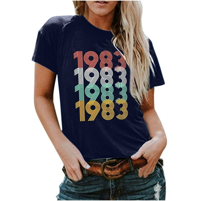 Chemises à Manches Courtes pour Femmes Mode Décontractée 1982 Imprimé Col Rond Ample T-Shirt à Manches Courtes Chandail Hauts Hauts à Manches Courtes pour Femmes Hauts à Manches Courtes pour Femmes