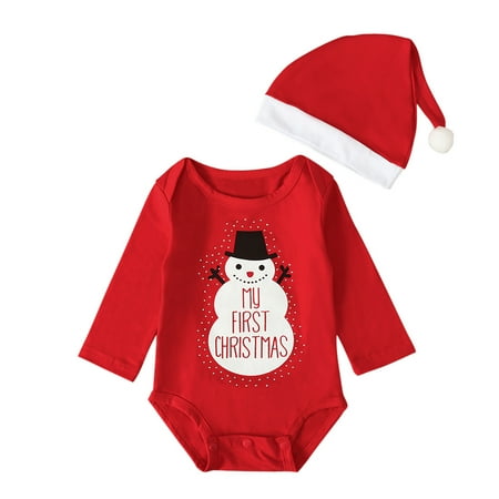 

BIZIZA Baby Outfit Bodysuit Hat Long Sleeve Winter 2-Piece Christmas Skirt for 0-2Y Toddler Red 90