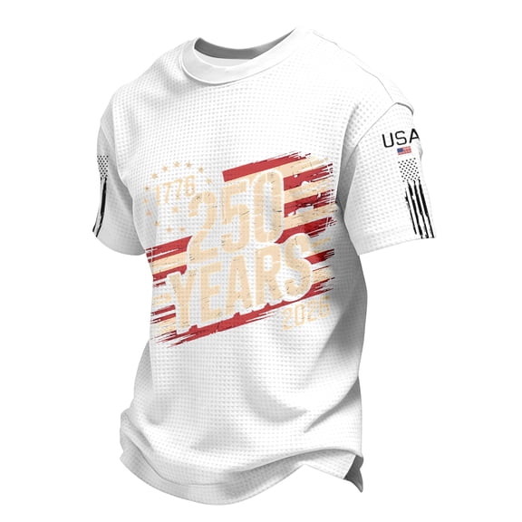 America 250 Shirts for Men Usa Flag Print Short Sleeve Crew Neck Waffle Muscle Tops Letter Print Muscle Relaxed Fit Comfy Workout Tees, White, #01 White