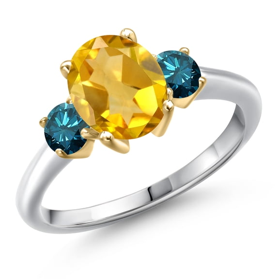 Gem Stone King 925 Silver and 10K Yellow Gold Yellow Citrine and Blue Diamond Engagement Ring for Women | 2.04 Cttw | Oval 9X7MM | Gemstone November Birthstone | Size 5