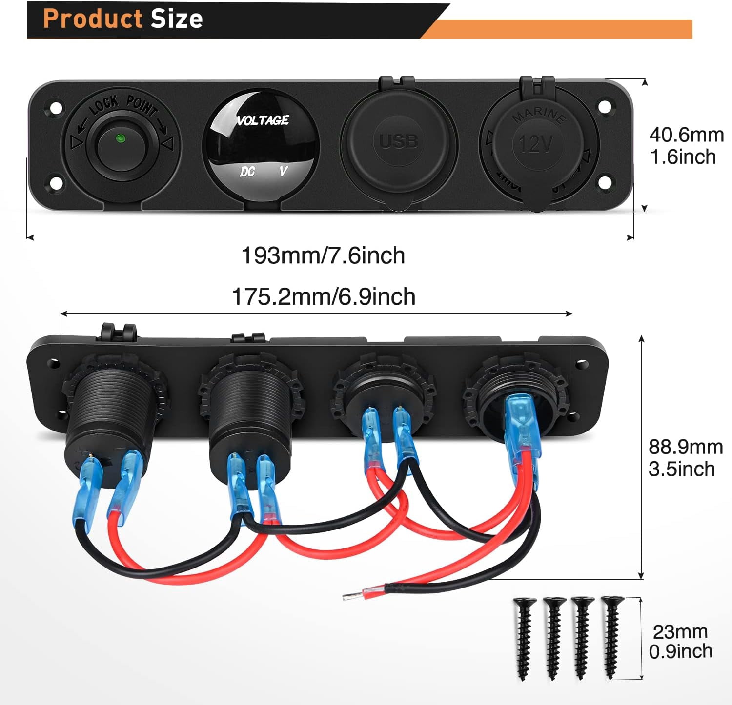 Waywe 4 in 1 ON Off Charger Socket Panel Dual USB Socket Power Outlet LED Voltmeter Cigarette Lighter Socket LED Lighted ON Off Rocker Toggle Switch for Truck Car Marine Boats RV