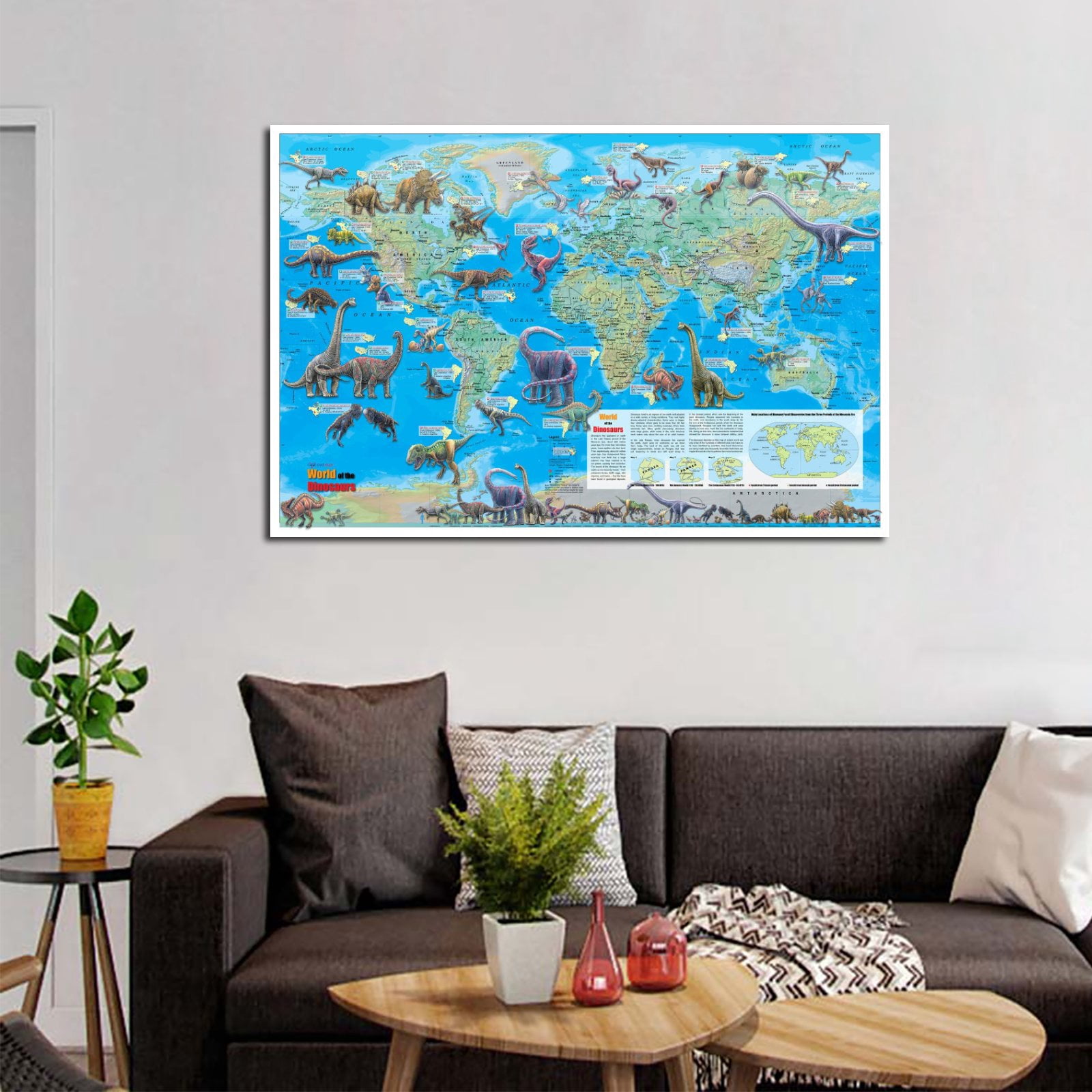 Dinosaur Map of The World Artworks Picture Print Poster Wall Art Painting Canvas Gift Decor Home Posters Decorative 24x36inch(60x90cm)
