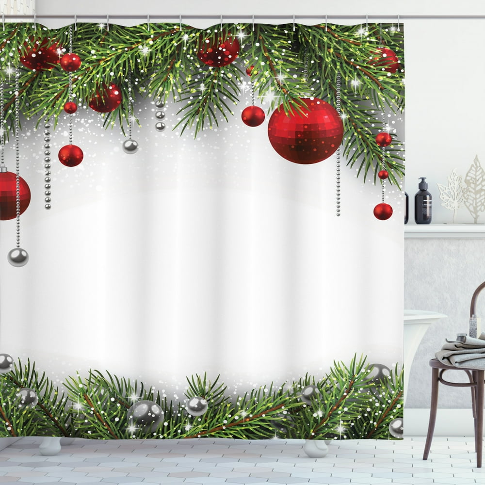 Christmas Shower Curtain, Noel Time Backdrop with Fir Pine Leaves