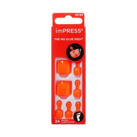 KISS imPRESS Press on Toenails, Color, Glory Days, Orange, Short Squoval, 24 Count
