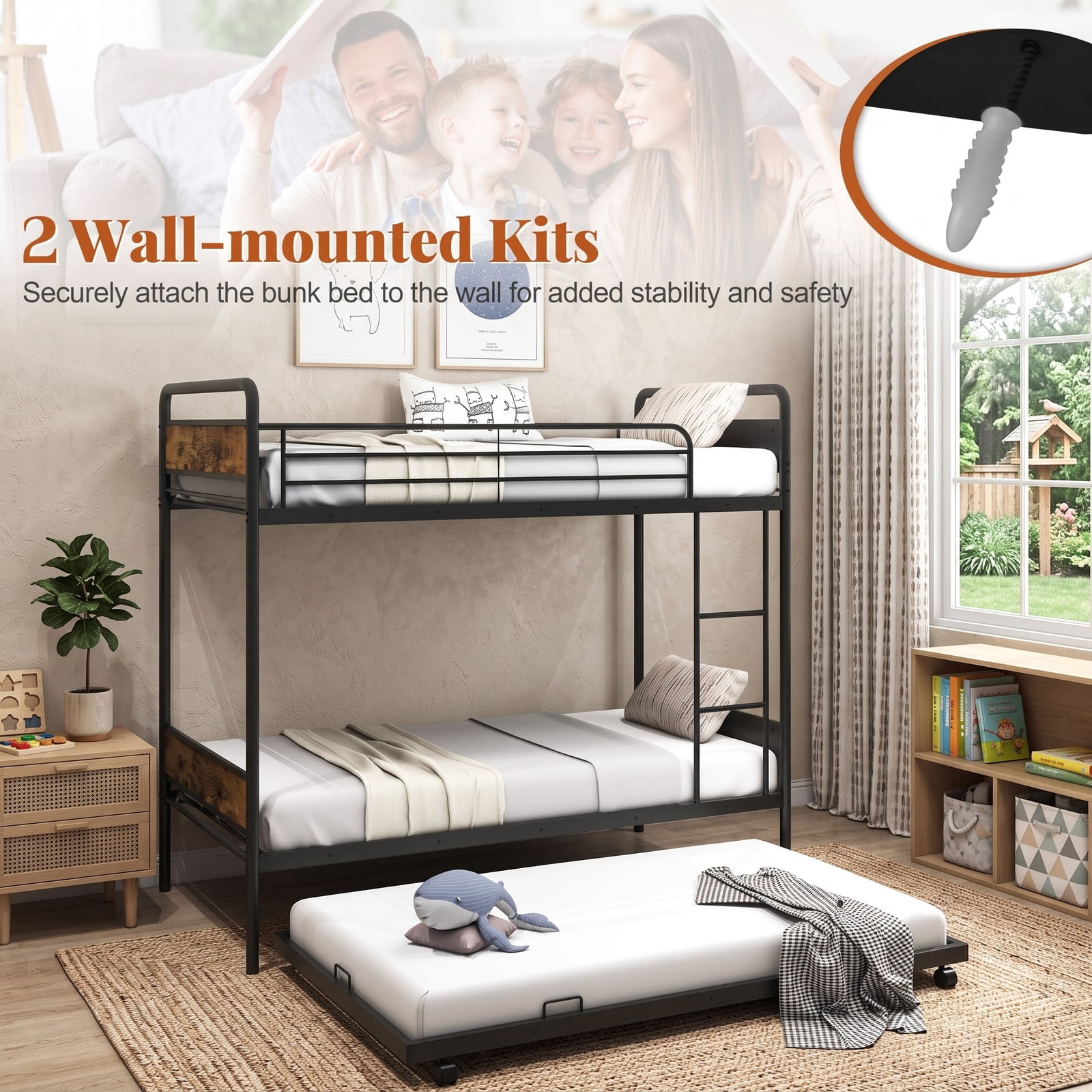 Furnibear Twin Over Twin Metal Bunk Bed with Pull-out Trundle Ladder and Guardrails for Kids Guest Rooms and Dorms, Black